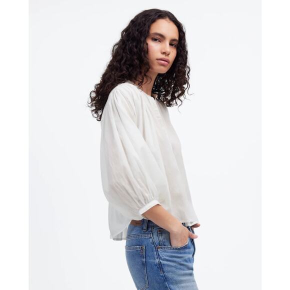 Madewell Shirred Balloon Sleeve Crewneck Button-Up Top Sz 2XS White Lightweight - Picture 2 of 8
